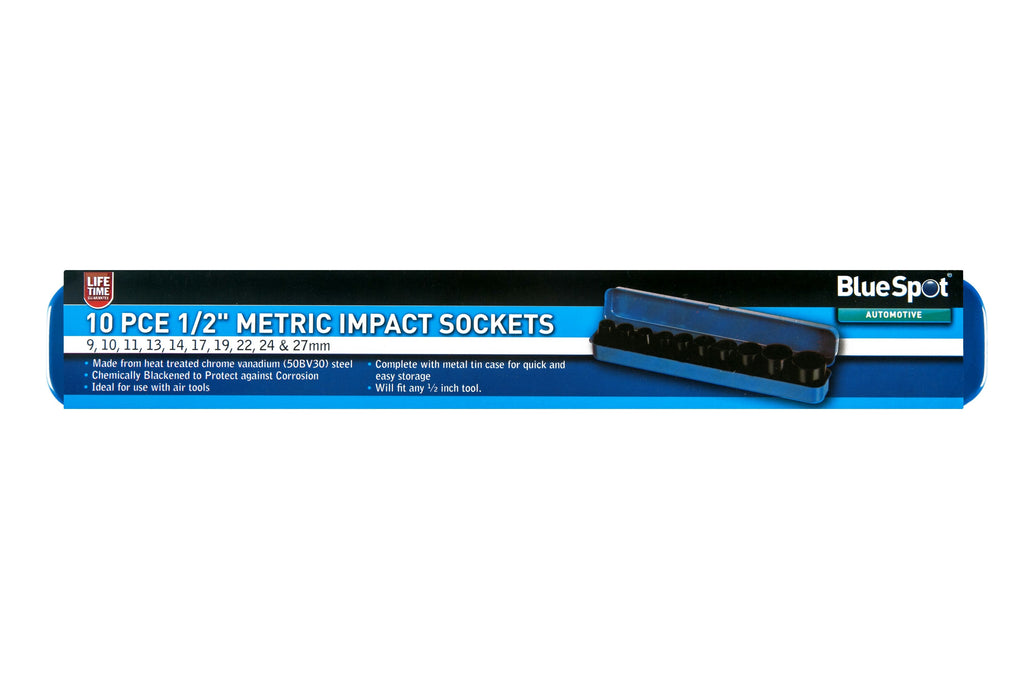 Blue Spot Tools 10pc 1/2" Metric Shallow Impact Sockets 9-27mm - 01537
