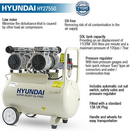 Hyundai 50 Litre Air Compressor, 11CFM/118psi, Oil Free, Low Noise, Electric 2hp