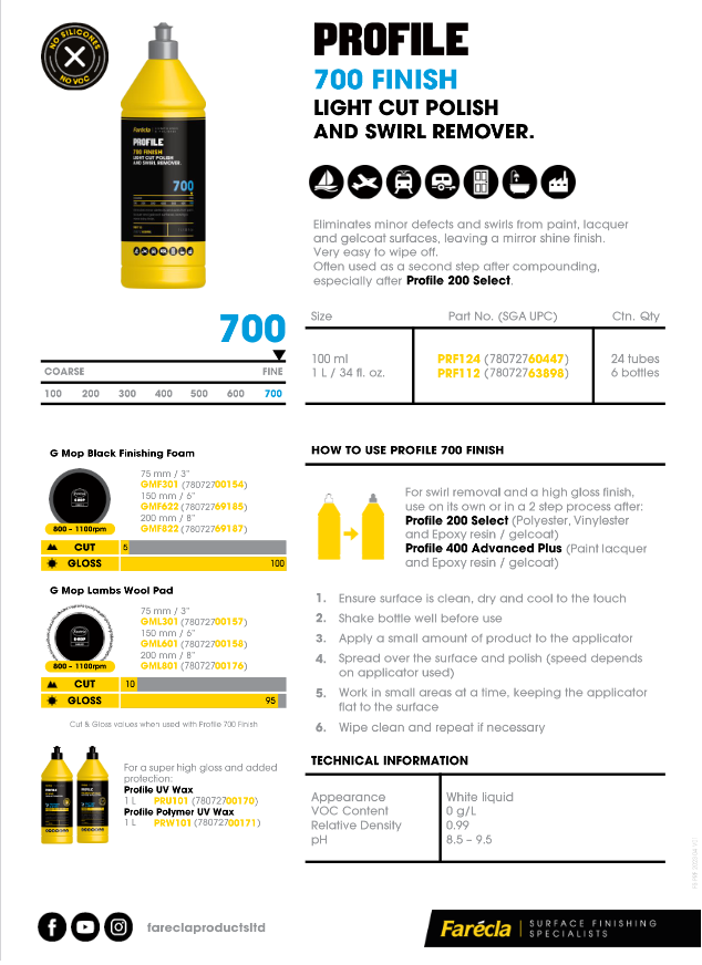 Farecla Profile 700 Finish Light Cut Polish and Swirl Remover