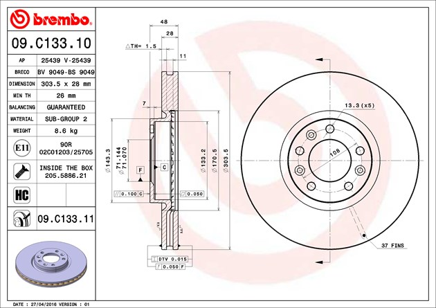 Brembo Painted Brake Disc, 09.C133.11