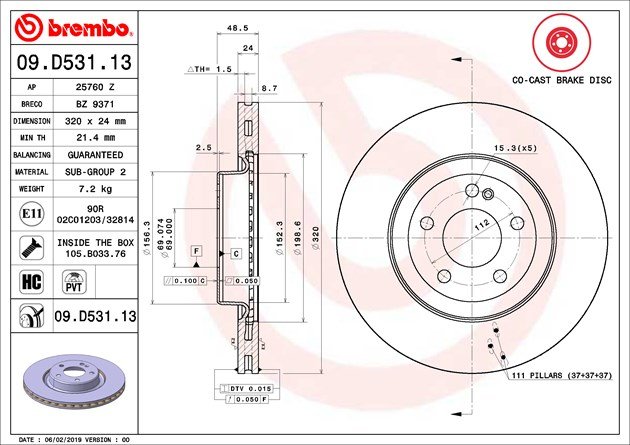 Brake Disc Rear Vented For Mercedes C-Class CLS E-Class GLC BREMBO 09.D531.13